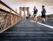 running, exercise, bridge, man and woman running together, fitness